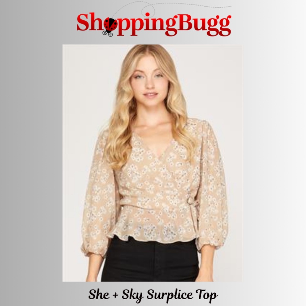 She + Sky Bubble Sleeve Surplice Blouse in Black ~ NWT! ✨ (SB1371)